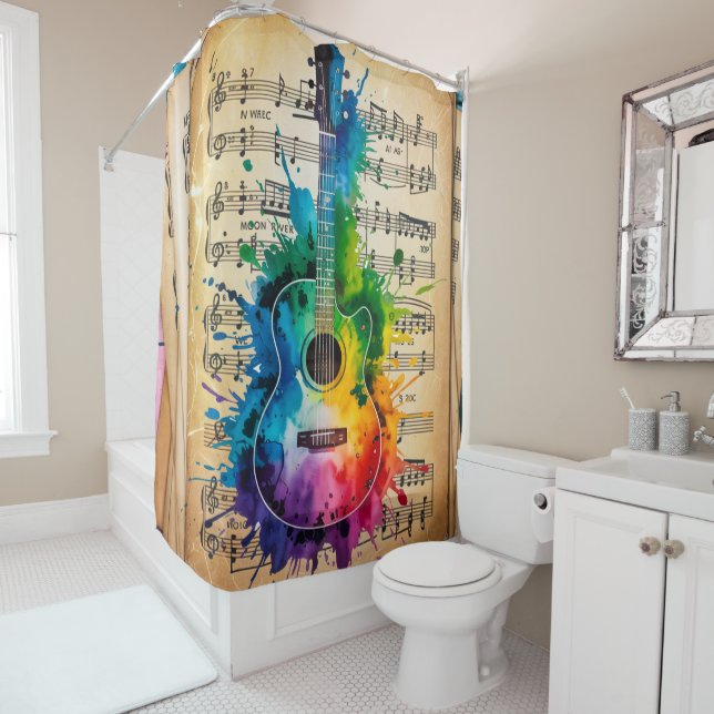 Farbenfrohe Melodie: Vintage Gitarre Duschvorhang (Beispiel)