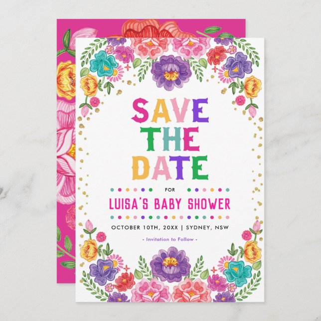 Farbenfrohe mexikanische Blumenfiesta Save the Dat Einladung (Vorne/Hinten)