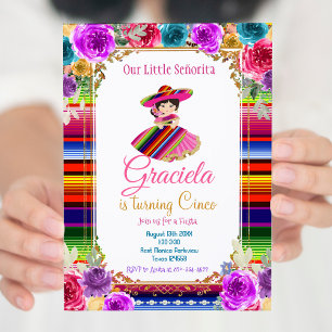 Farbenfrohe mexikanische Fiesta Birthday Gold Girl Einladung