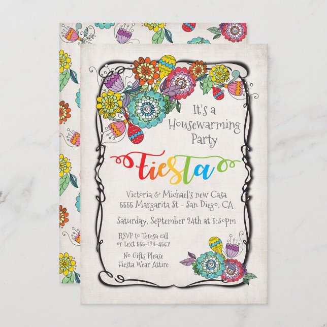 Farbenfrohe mexikanische Fiesta Housewarming Party Einladung (Vorne/Hinten)