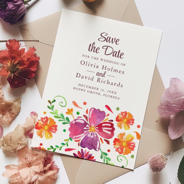 Farbenfrohe mexikanische Fiesta Save the Date Card Einladung (Colorful Mexican Floral Fiesta Save the Date Card on a table full with colorful flowers.)
