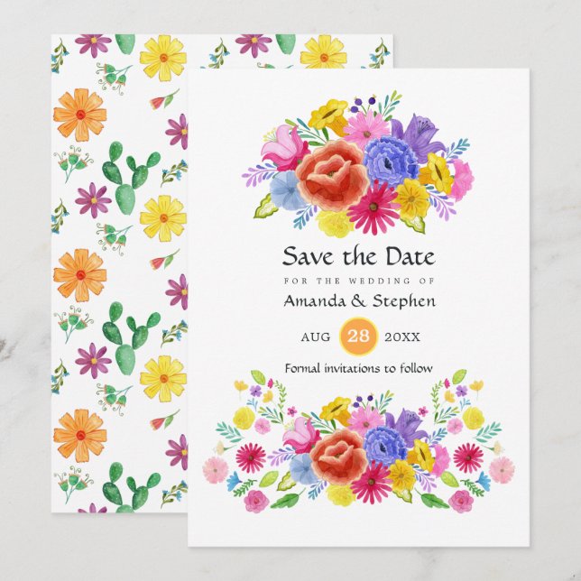 farbenfrohe mexikanische Fiesta Wedding Save The Date (Vorne/Hinten)