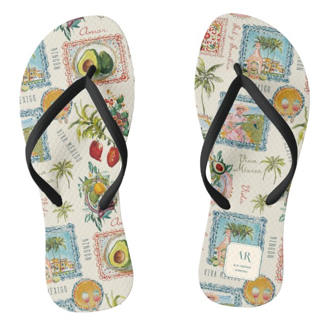 Farbenfrohe mexikanische Travel Print Monogram Flip Flops (Fußbett)