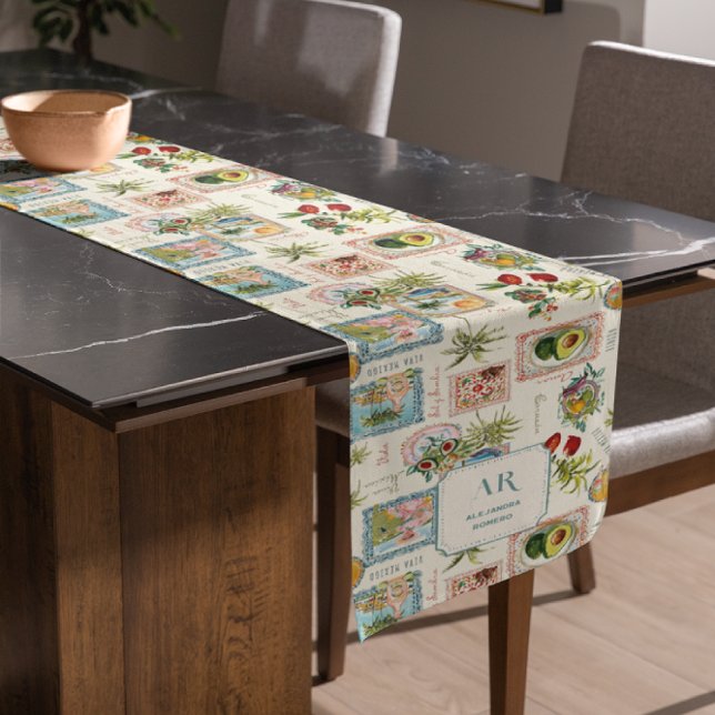 Farbenfrohe mexikanische Travel Print Monogram Kurzer Tischläufer (Von Creator hochgeladen)