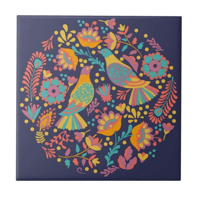 Farbenfrohe mexikanische Volkskunst Vögel und Blum Fliese (Vorderseite)