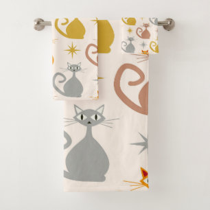Farbenfrohe Mid Century Atomic Cats mit Sternenexp Badhandtuch Set