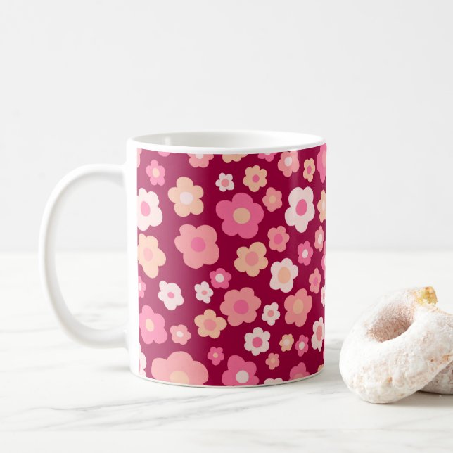 Farbenfrohe Milchfloral Retro Muster Rosa Rot Kaffeetasse (Mit Donut)