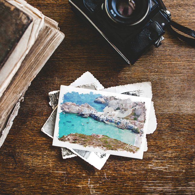 Farbenfrohe Milos Griechenland Küstensicht Postkarte (milos greece aegean sea panorama view postcard)
