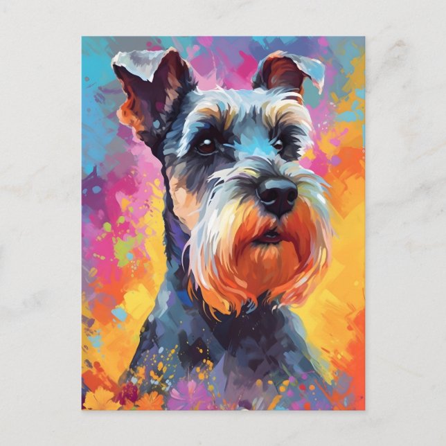 Farbenfrohe Miniatur Schnauzer Postkarte (Vorderseite)