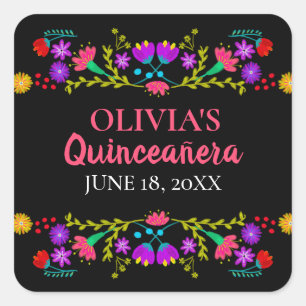 Farbenfrohe Mis Quince Anos Mexican Fiesta Blume Quadratischer Aufkleber