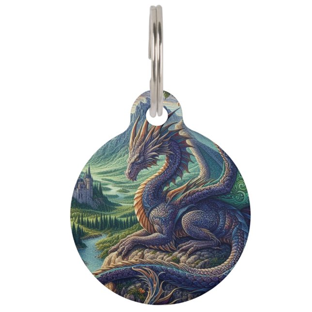 Farbenfrohe, mittelalterliche Drachenburg Haustiermarke (Vorderseite)