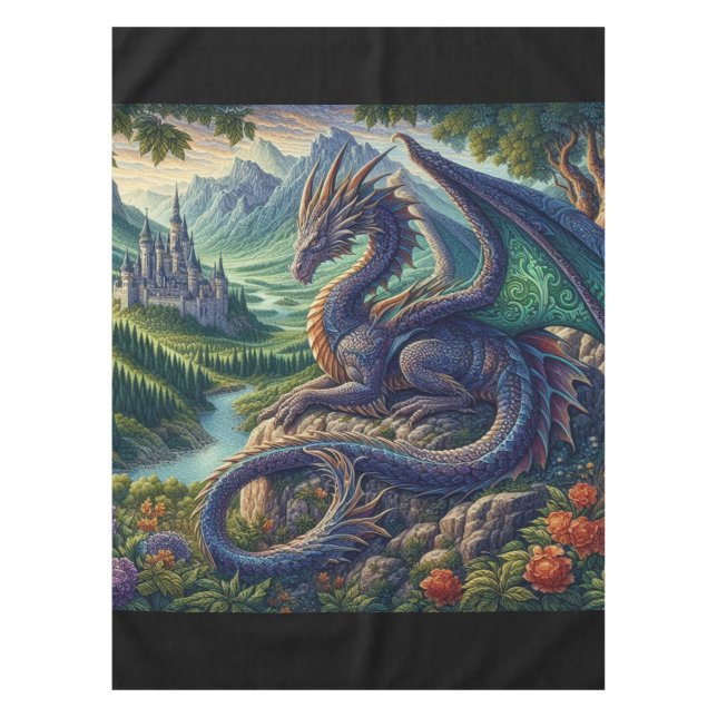 Farbenfrohe, mittelalterliche Drachenburg Tischdecke (Vorderseite)
