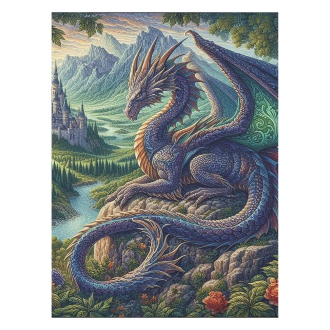 Farbenfrohe, mittelalterliche Drachenburg Tischdecke (Vorderseite)