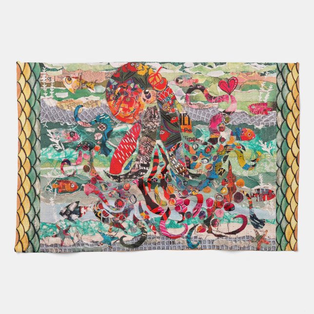 Farbenfrohe Mixed Media Octopus Küchentücher (Horizontal)