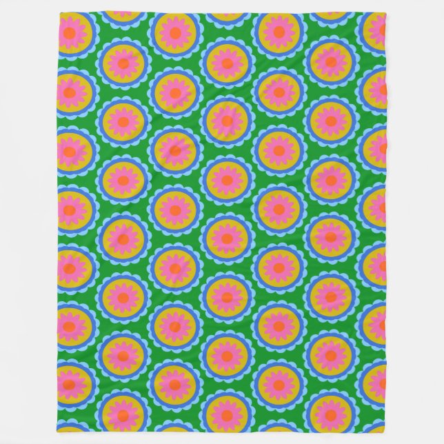 Farbenfrohe Mod 60er Bright Blume Mandala Pattern  Fleecedecke (Vorderseite)