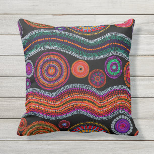 Farbenfrohe moderne australische Dot Art Tribal Mu Kissen
