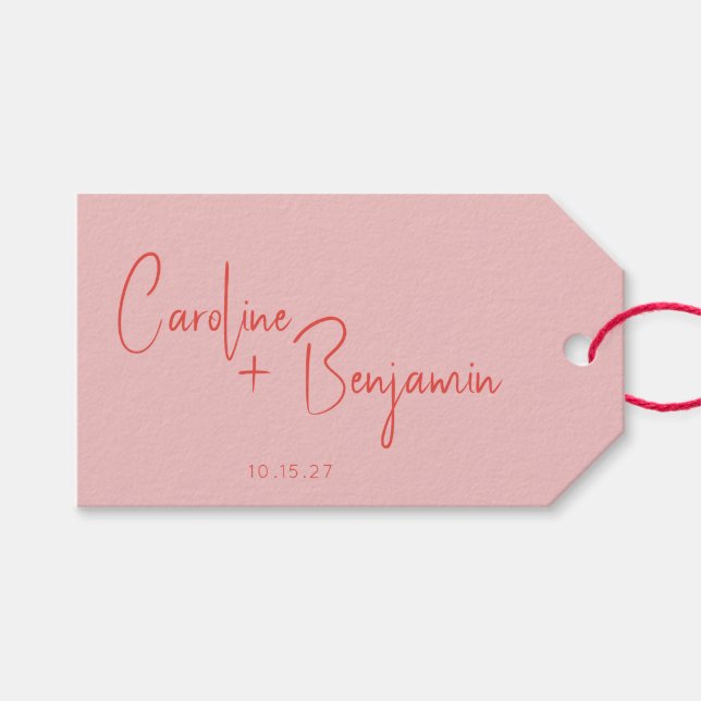 Farbenfrohe moderne Boho Pink Red Script Hochzeit Geschenkanhänger (Vorderseite (Horizontal))