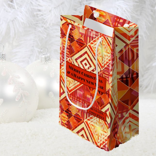 Farbenfrohe moderne geometrische Gestaltung Kleine Geschenktüte (Christmas gift bag featuring a modern abstract geometric design in warm colors)