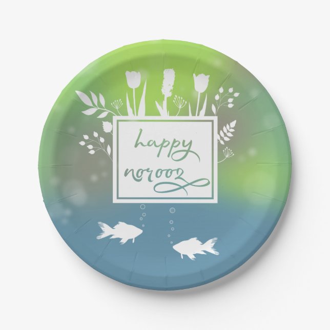 Farbenfrohe moderne, glückliche Noroz-Briefe Fisch Pappteller (Vorderseite)