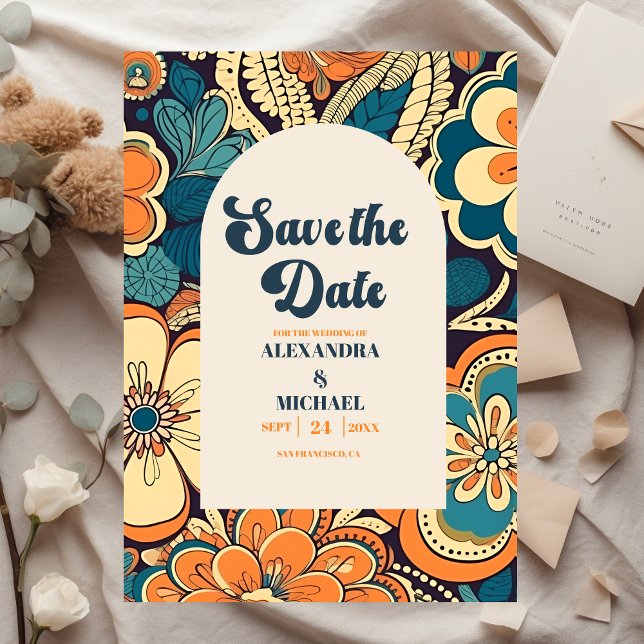 Farbenfrohe moderne groovige Retro-70er-Blumenhoch Save The Date (Von Creator hochgeladen)