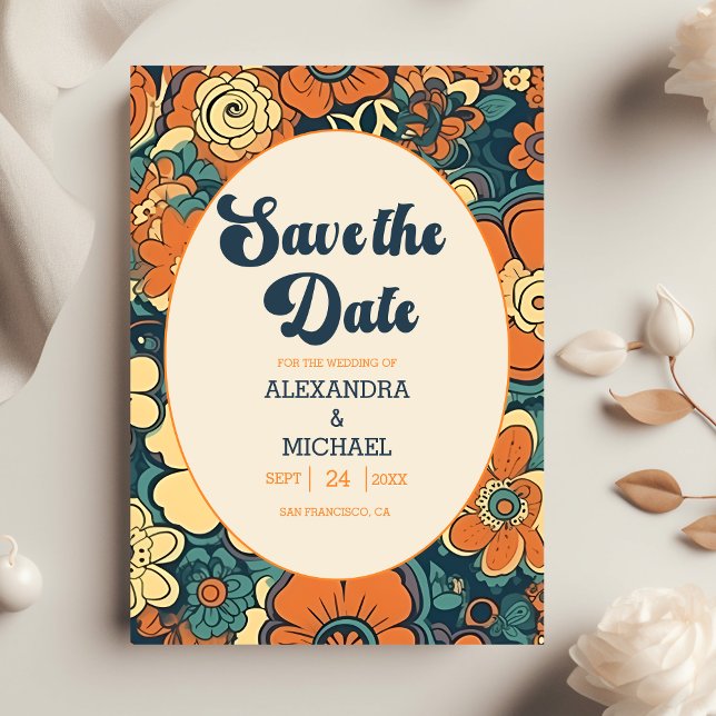 Farbenfrohe moderne groovige Retro-70er-Blumenhoch Save The Date (Von Creator hochgeladen)