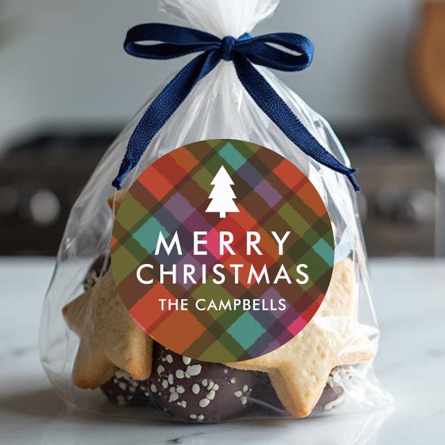 Farbenfrohe, moderne Karierte Weihnachtsbaumbezeic Runder Aufkleber (Von Creator hochgeladen)