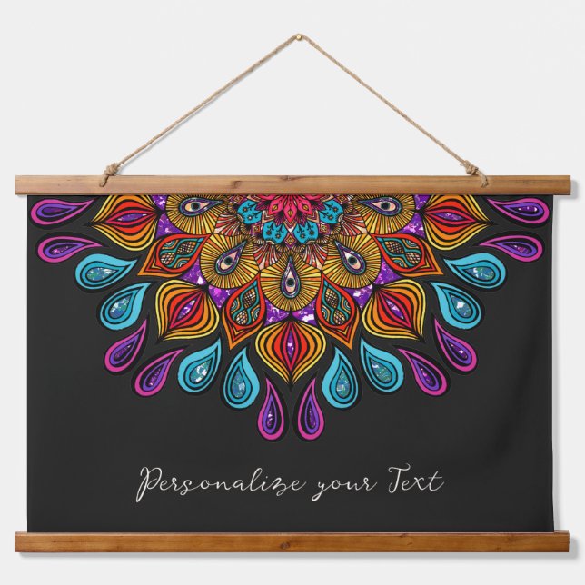 Farbenfrohe Moderne Mandala Trippy Psychedelic Hip Wandteppich Mit Holzrahmen (Vorne)