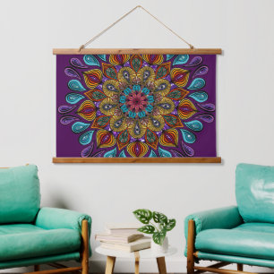 Farbenfrohe Moderne Mandala Trippy Psychedelic Hip Wandteppich Mit Holzrahmen