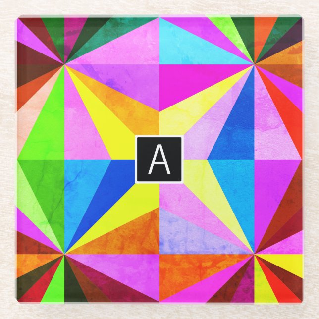 Farbenfrohe moderne mehrfarbige geometrische Geome Glasuntersetzer (Vorderseite)