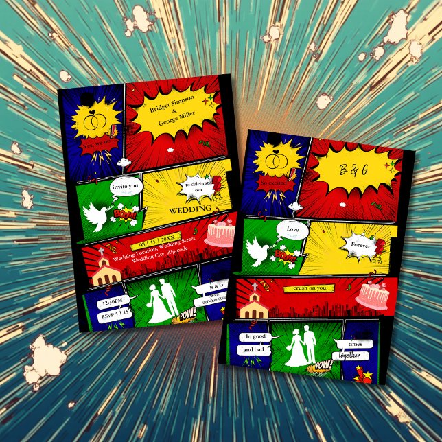 farbenfrohe, moderne Retro-Comic-Hochzeitsgeschich Einladung (Von Creator hochgeladen)