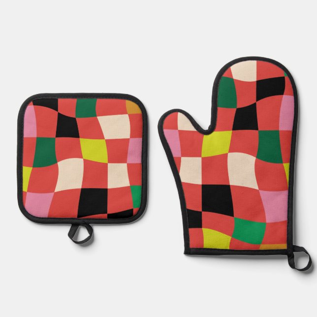 Farbenfrohe moderne Tartan Red Christmas Blocks Ofenhandschuh & Topflappen-Set (Vorderseite)