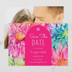 Farbenfrohe moderne tropische Blumen Hochzeitsfoto Save The Date