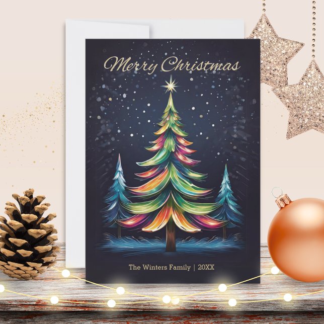 Farbenfrohe moderne Winterbaumen Schnee Frohe Weih Feiertagskarte (A stylish Christmas card with picture of a colorful Christmas tree on a winter night with snow)