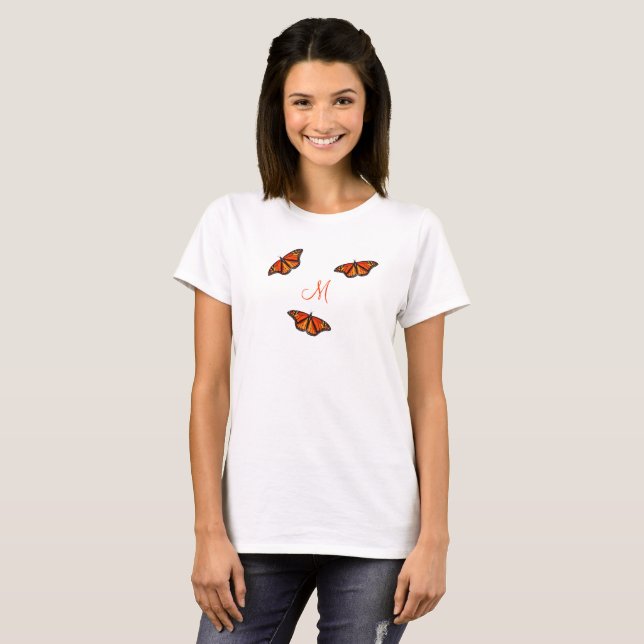 farbenfrohe Monarchschmetterlinge, mit Monogramm w T-Shirt (Vorne ganz)