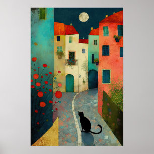 Farbenfrohe Mondnacht: Charmante Katze und Häuser Poster