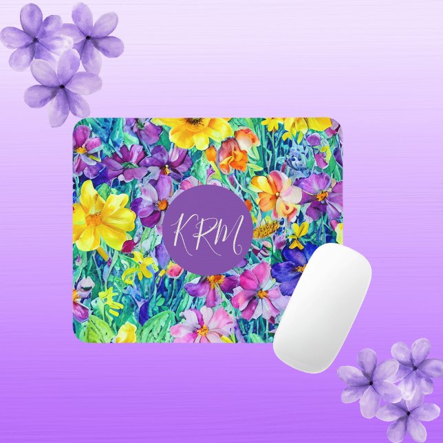 Farbenfrohe Monogram Chic Wasserfarbenfloral Mousepad (Von Creator hochgeladen)