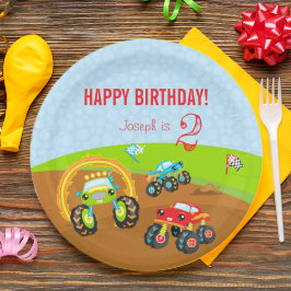 Farbenfrohe Monster-LKWs zum Geburtstag mit Namens Pappteller