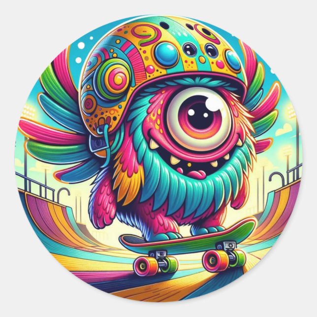 Farbenfrohe Monster Skateboarder Runder Aufkleber (Vorderseite)