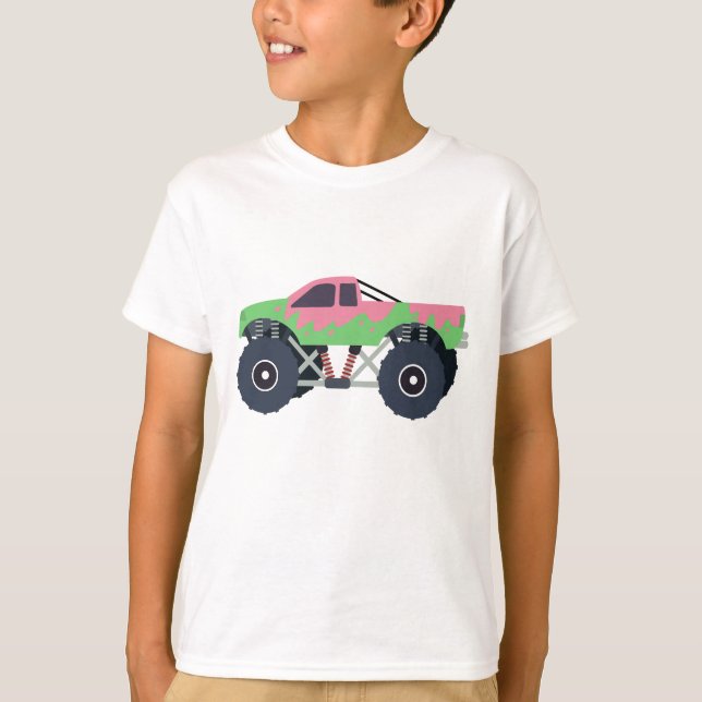 Farbenfrohe Monster Trucks Racing Kids Green T-Shirt (Vorderseite)