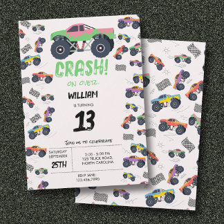 Farbenfrohe Monster Trucks Racing Kindergeburtstag Einladung