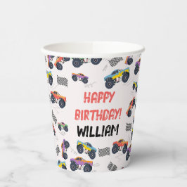 Farbenfrohe Monster Trucks Racing Kindergeburtstag Pappbecher