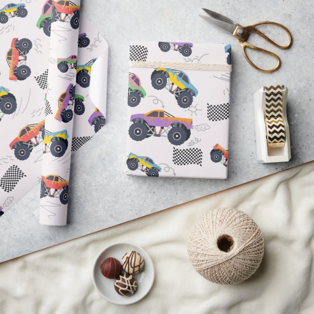 Farbenfrohe Monster Trucks Rennmuster Geschenkpapier (Kunsthandwerk)