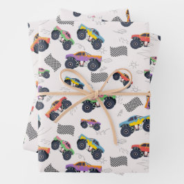 Farbenfrohe Monster Trucks Rennmuster Geschenkpapier Set
