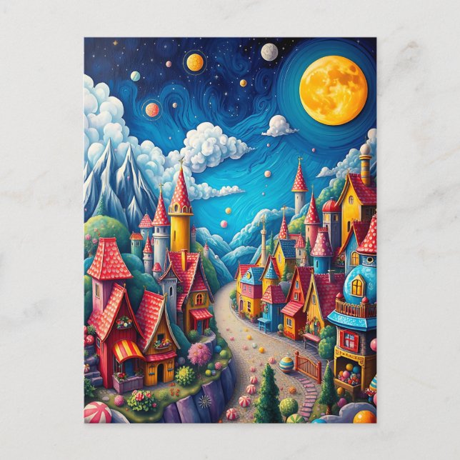 Farbenfrohe Moonlit Candy Land & Magical Village Postkarte (Vorderseite)