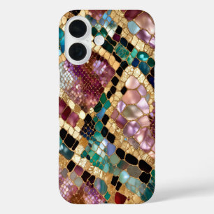 Farbenfrohe Mosaik-Marmor-Handyhülle Gold Luxus iPhone 16 Hülle