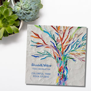 Farbenfrohe Mosaik Tree Yoga Studio Quadratische Visitenkarte