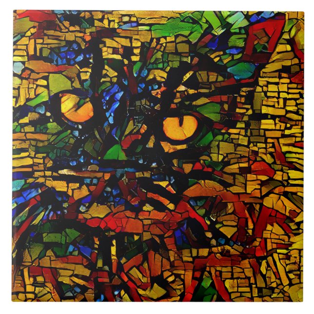 Farbenfrohe Mosaikkatze Kunst Prin Fliese (Vorderseite)