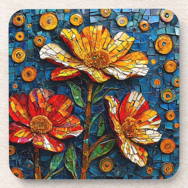 Farbenfrohe Mosaikkunst lebendige Blume Getränkeuntersetzer (Vorderseite)
