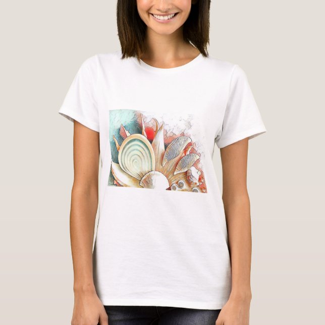 Farbenfrohe Muscheln am Strand Aquarellmalerei T-Shirt (Vorderseite)