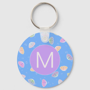 Farbenfrohe Muscheln Muster Light Blue Monogram Schlüsselanhänger